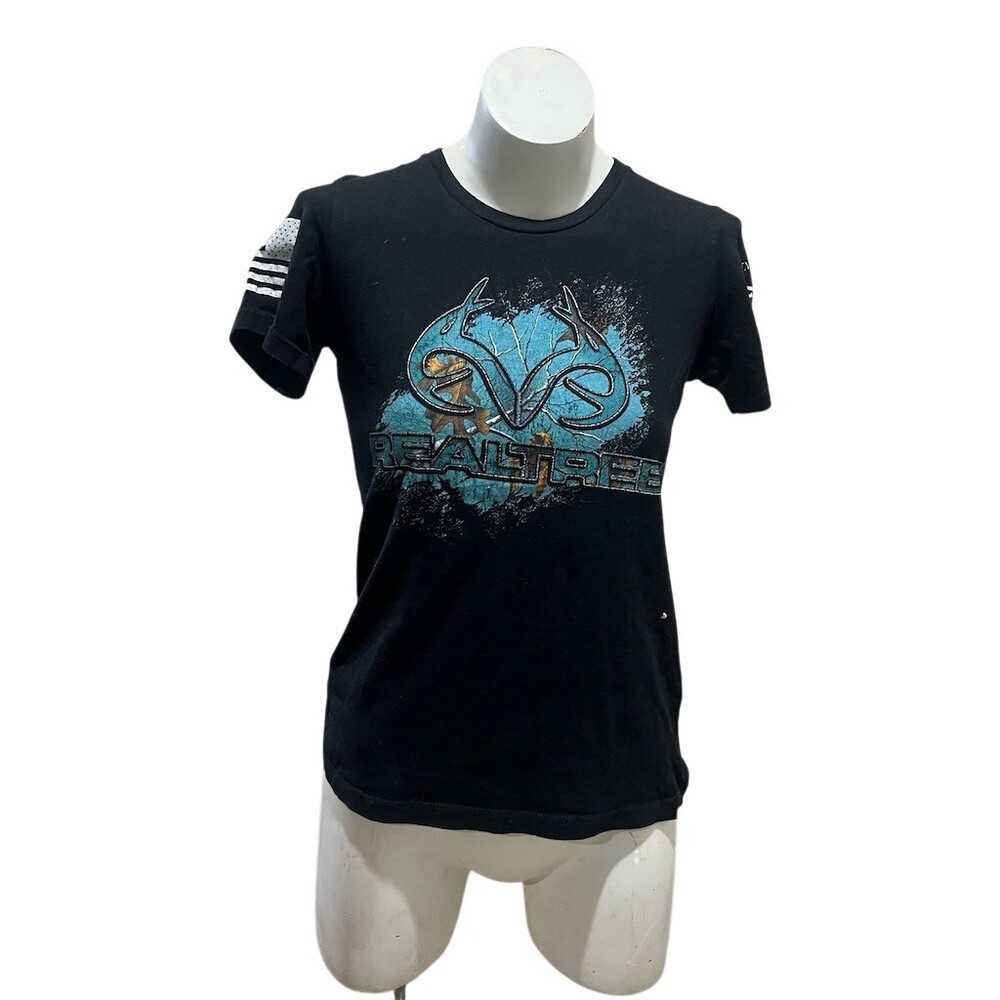 Realtree WoMen's T-Shirt Size M Black Short Sleeve Graphic Antler Logo Camo